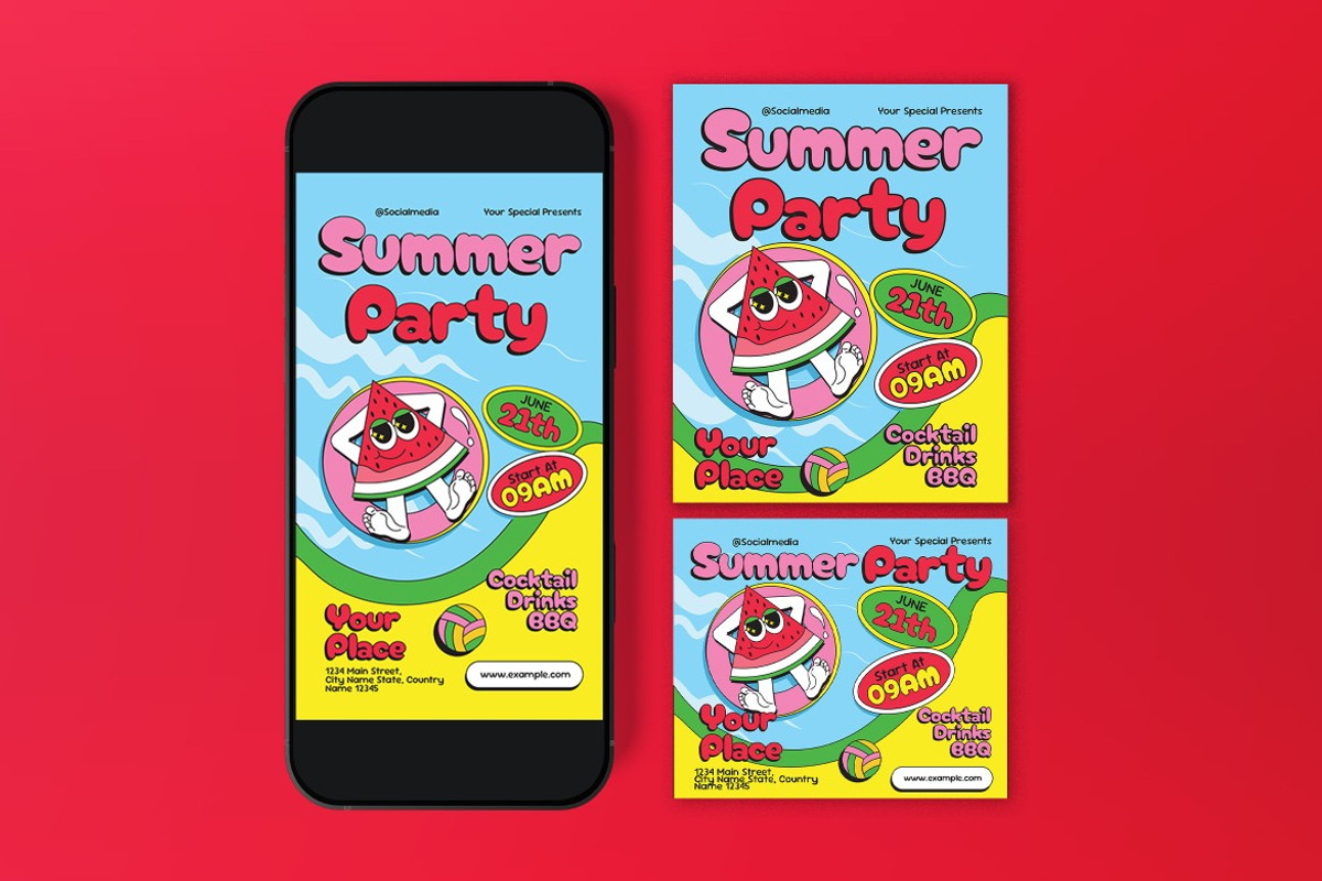 Blue Yellow Summer Party Flyer Set, a Flyer Template by graphicook (Photo 3 of 3)