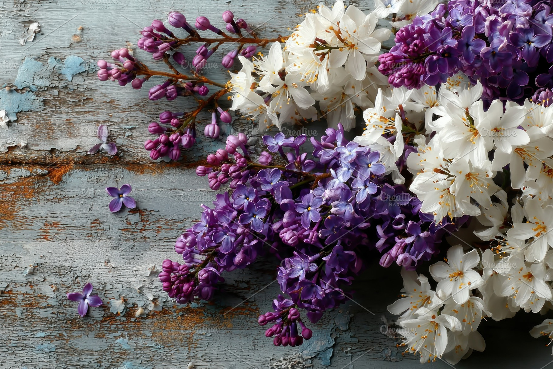 Lilac and cherry blossom flowers arranged on rustic peeling wood, a Nature Photo by José Manuel Gelpi