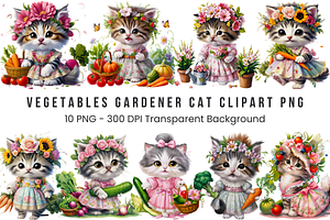 Vegetables Gardener Cat PNG Bundle, a Graphic by Clipart Bloom