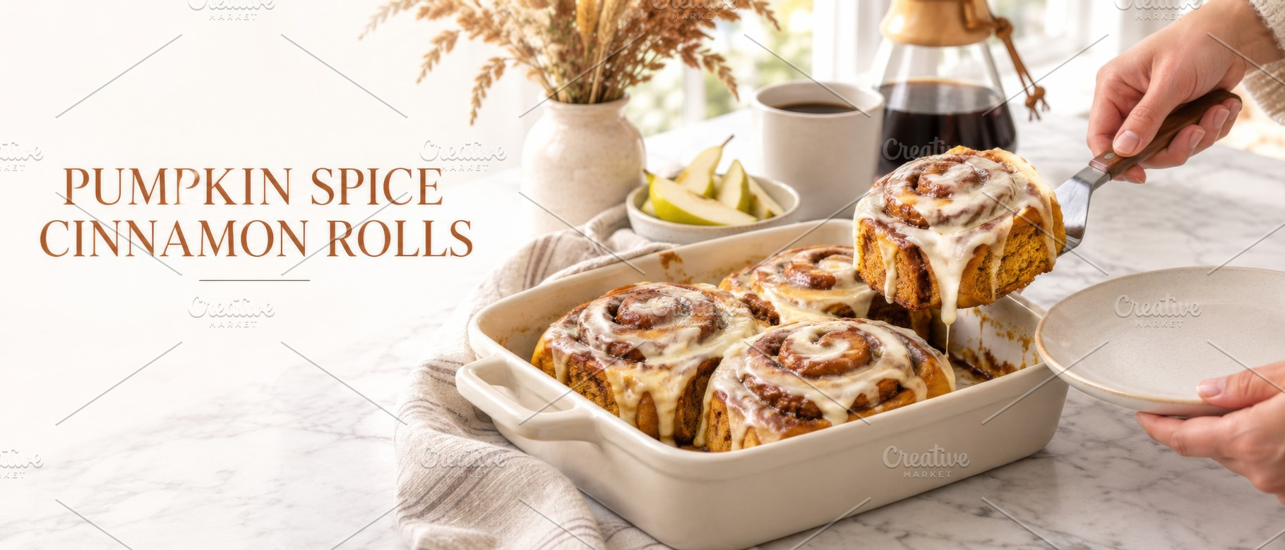 Pumpkin spice cinnamon rolls served, a Photo by Dvoevnore photos
