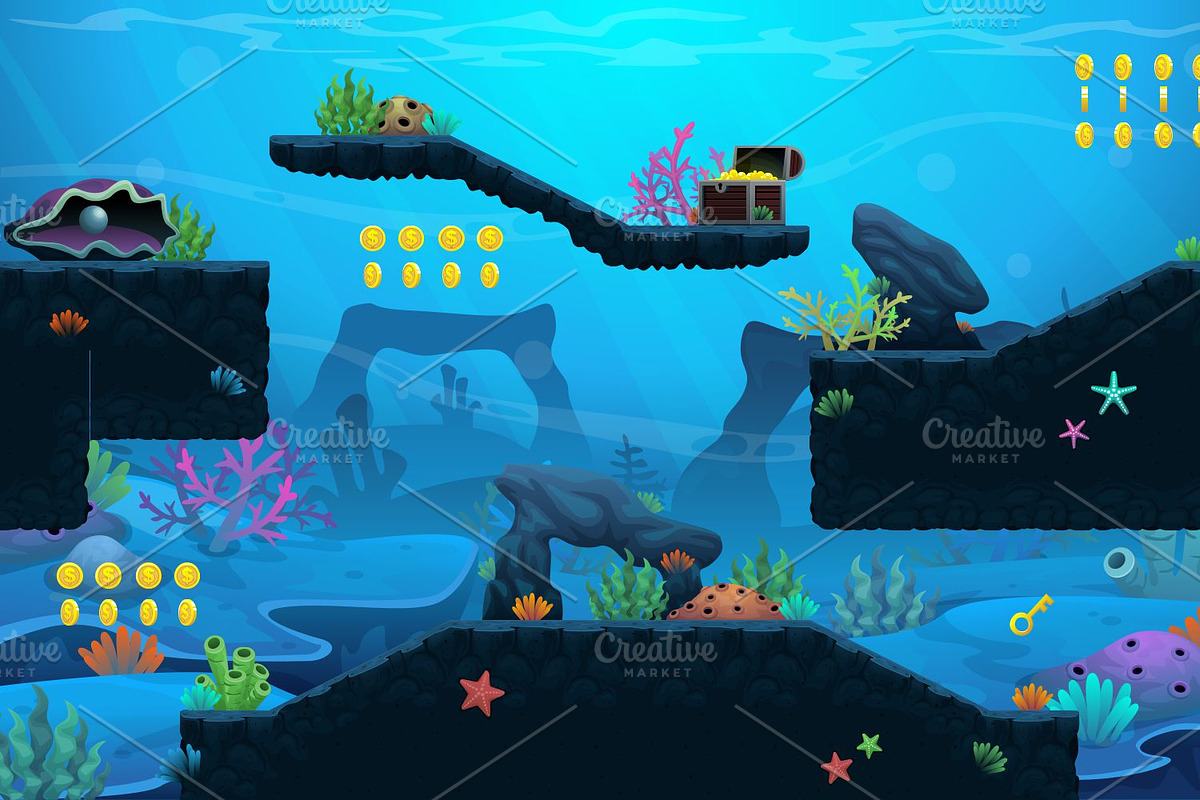 Deep Water - Platformer Tileset, an Illustration by pzUH (Photo 2 of 5)