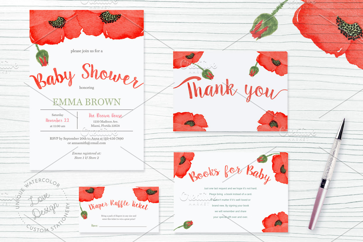 Watercolor Poppy Baby Shower Set, an Invitation Template by Love Design (Photo 1 of 5)