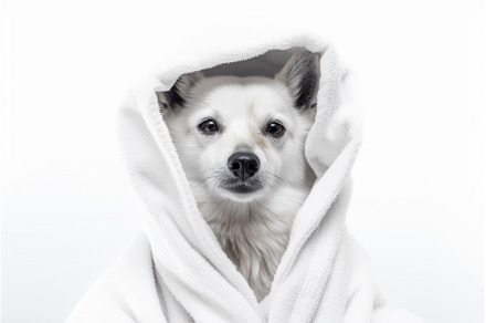 Dog white bathrobe. Generate Ai, an Animal Photo by Ylivdesign