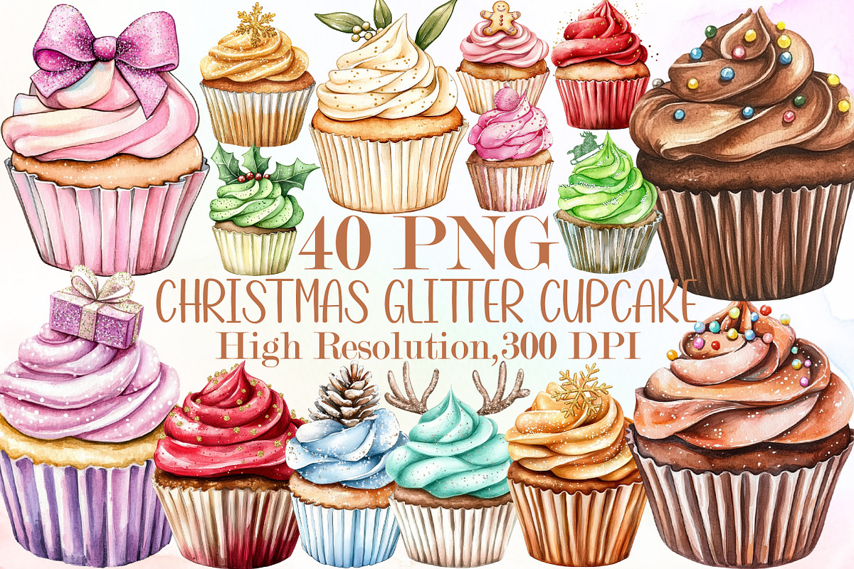Christmas Glitter Cupcake Clipart, an Illustration by Sublimation Artist (Photo 1 of 6)