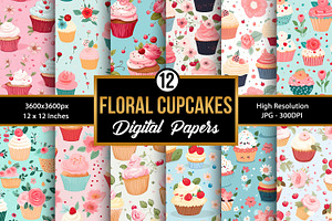 Cute Floral Cupcakes Digital Papers