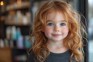 Smiling red-haired girl with curly h, a Photo by Tanuart