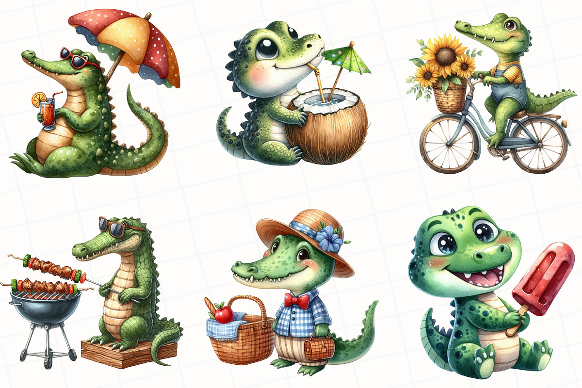 Watercolor Summer Crocodile Clipart, an Illustration by OK Design (Photo 4 of 5)