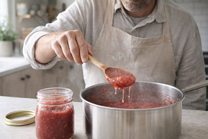 Man making rhubarb jam in kitchen wi, a Photo by Dvoevnore photos