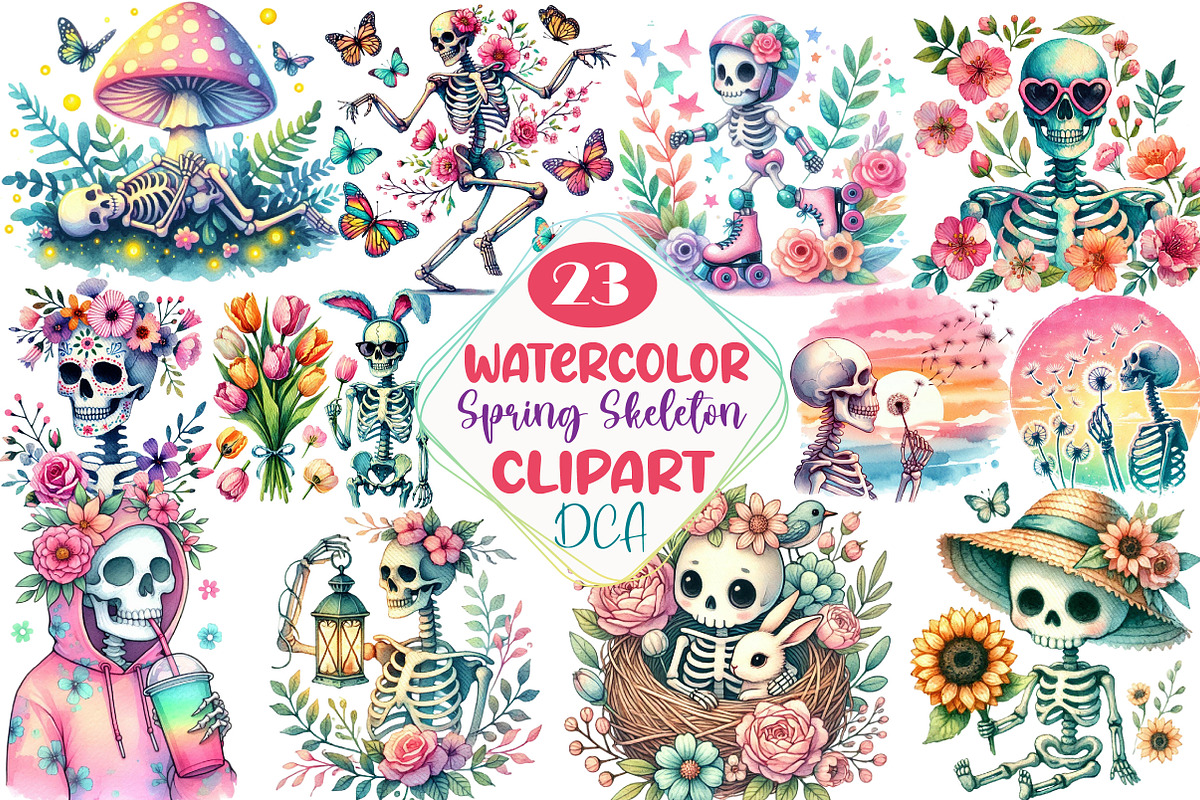 Watercolor Spring Skeleton Sublimati, an Illustration by DreamCafeArt (Photo 1 of 3)