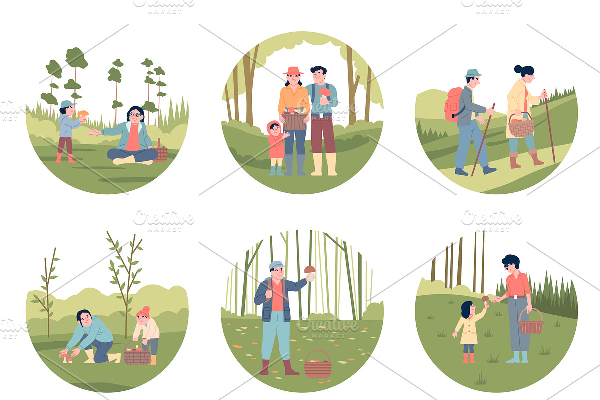 Mushroom pickers. Adults children, an Illustration by LadadikArt