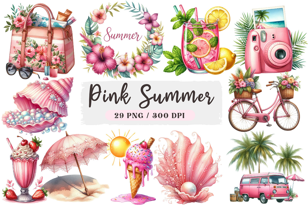 Pink Summer Sublimation Clipart, an Illustration by DreamArtGraphic (Photo 1 of 4)