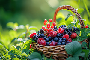 Fresh ripe berries in basket in the garden, a Food & Drink Photo by AlyaAnd