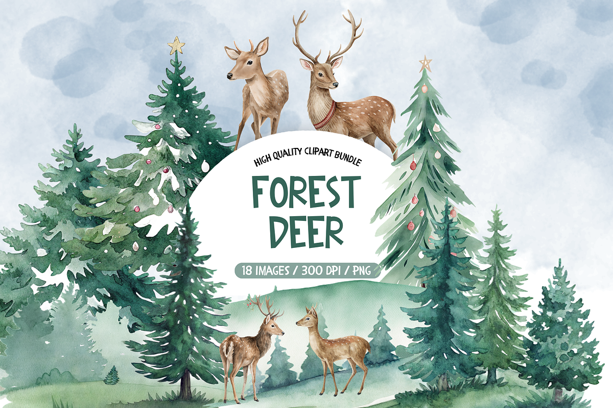 Forest Deer Watercolor Clipart, an Illustration by TatiMockup (Photo 1 of 5)