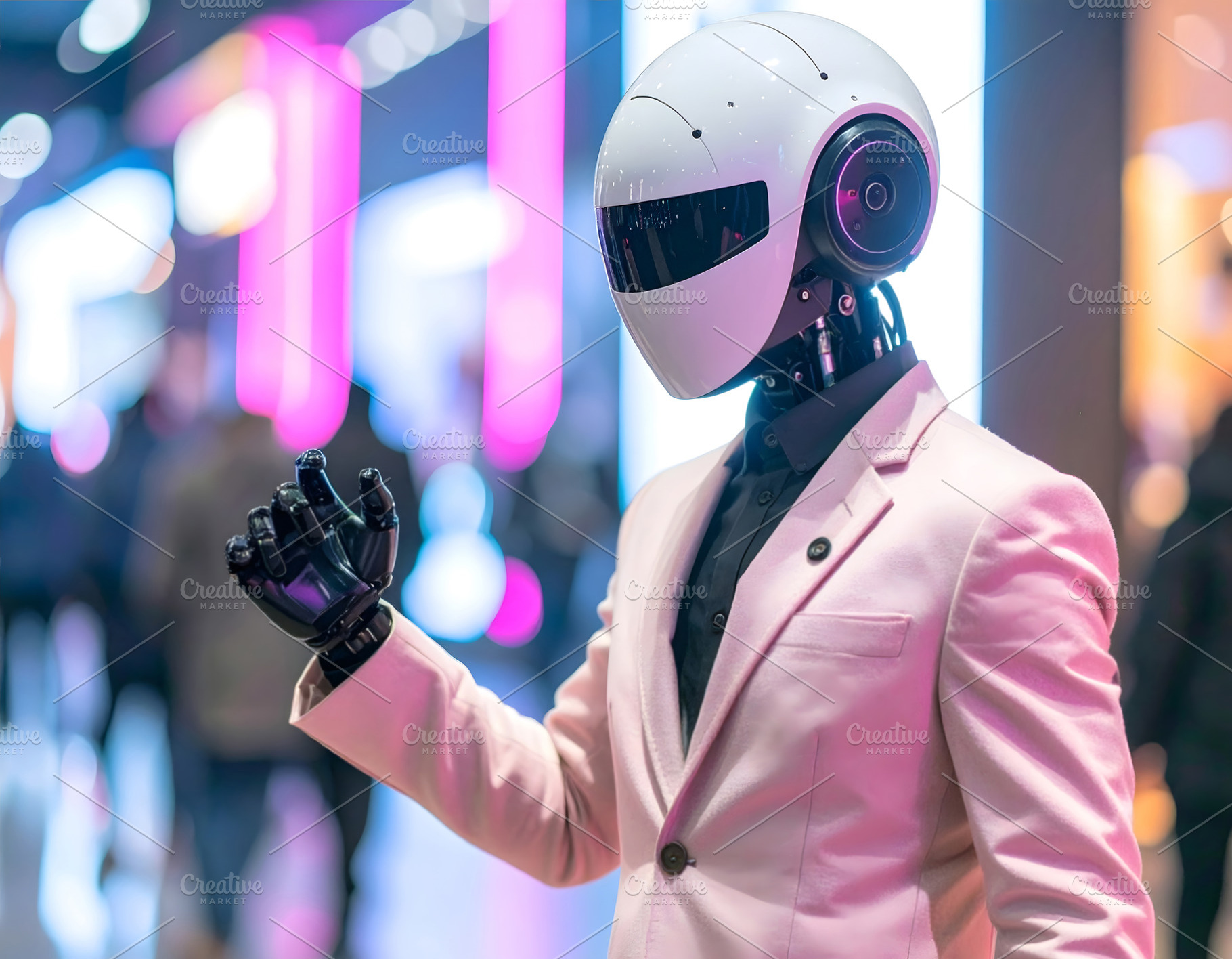 Robot in elegant business suit making formal hand gesture, a Technology Photo by GoodGoods