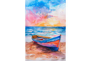 Rowboat on Beach Watercolor Art, a Decorative Illustration by Art Paradise Studios
