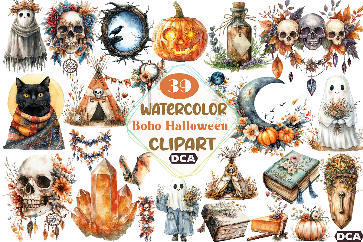 Boho Halloween Clipart, an Illustration by DreamCafeArt (Photo 1 of 7)