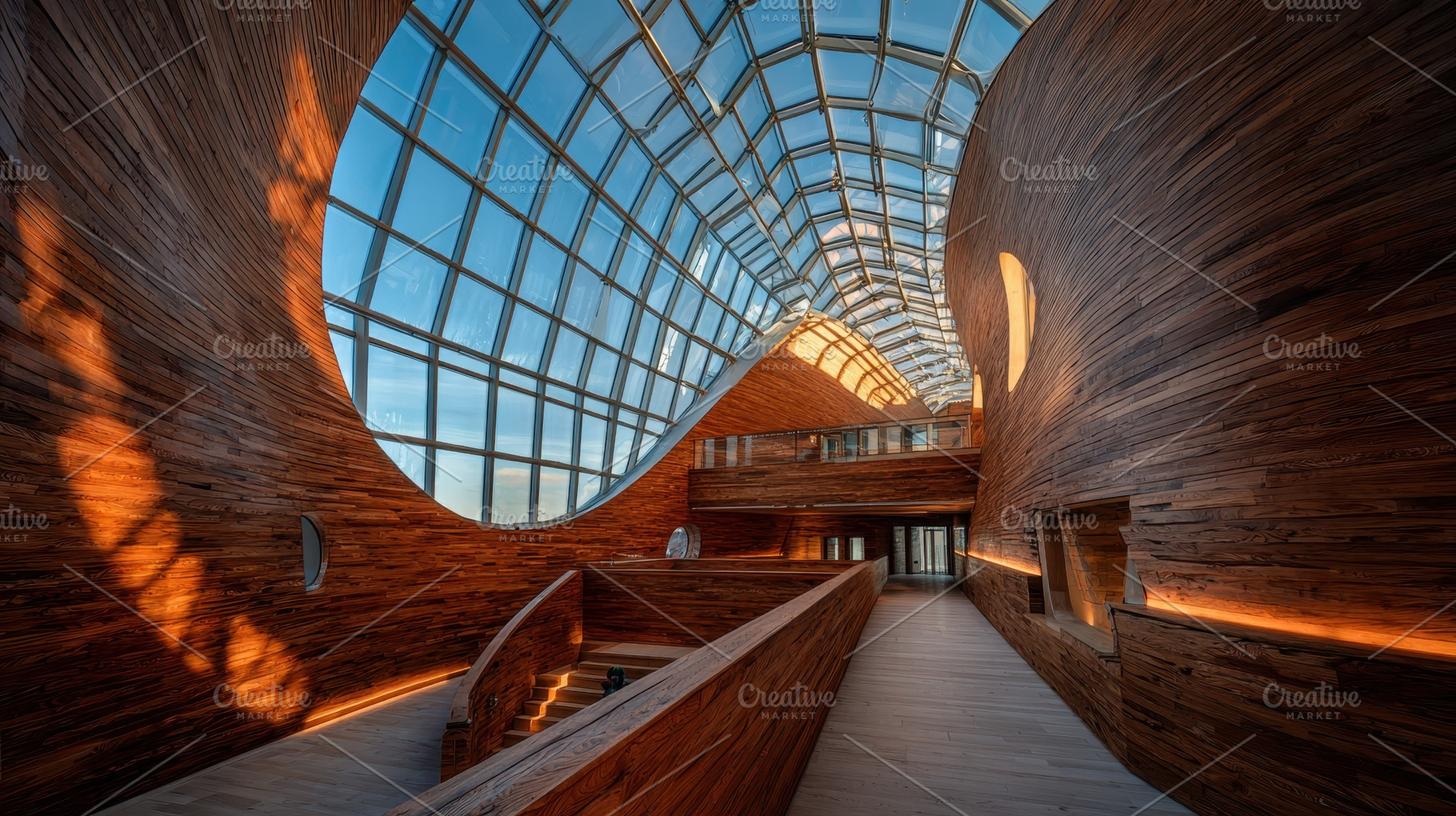 Wooden interior with skylight modern, an Abstract Photo by Pixeness Studio