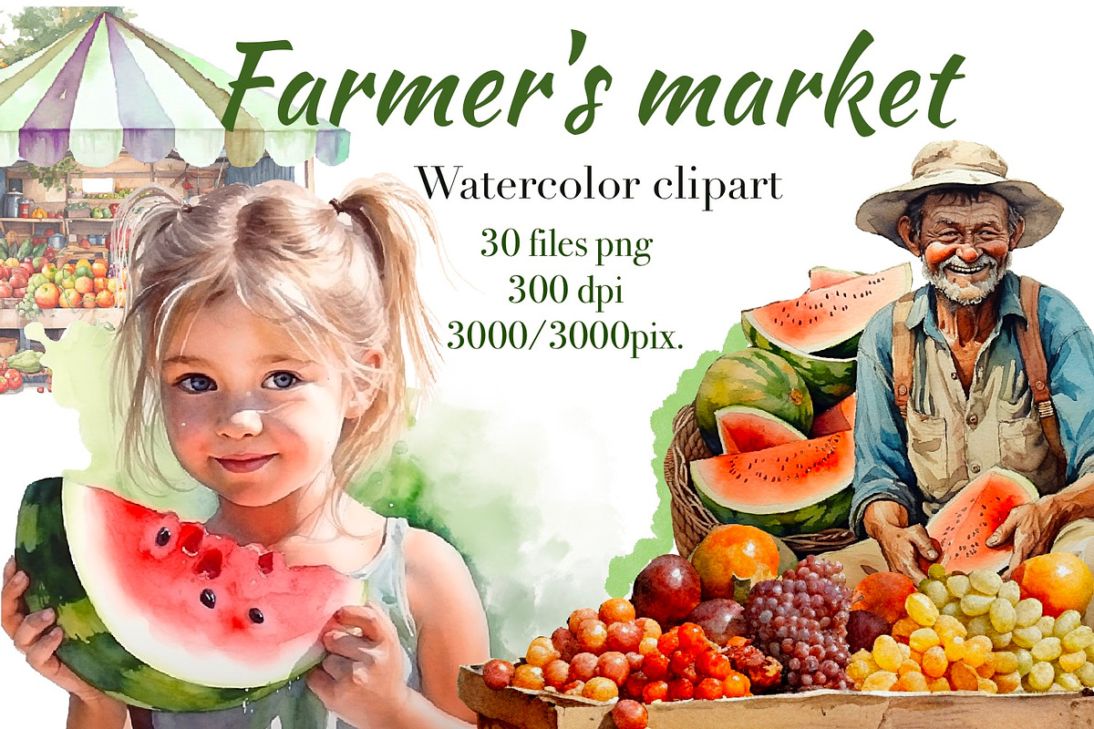 Farmer's market, watercolor clipart, a Food Illustration by AkvarelRiver (Photo 1 of 7)