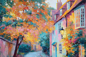 Autumn tree illuminating a charming old street with warm light a, an Illustration by Studio ANNA