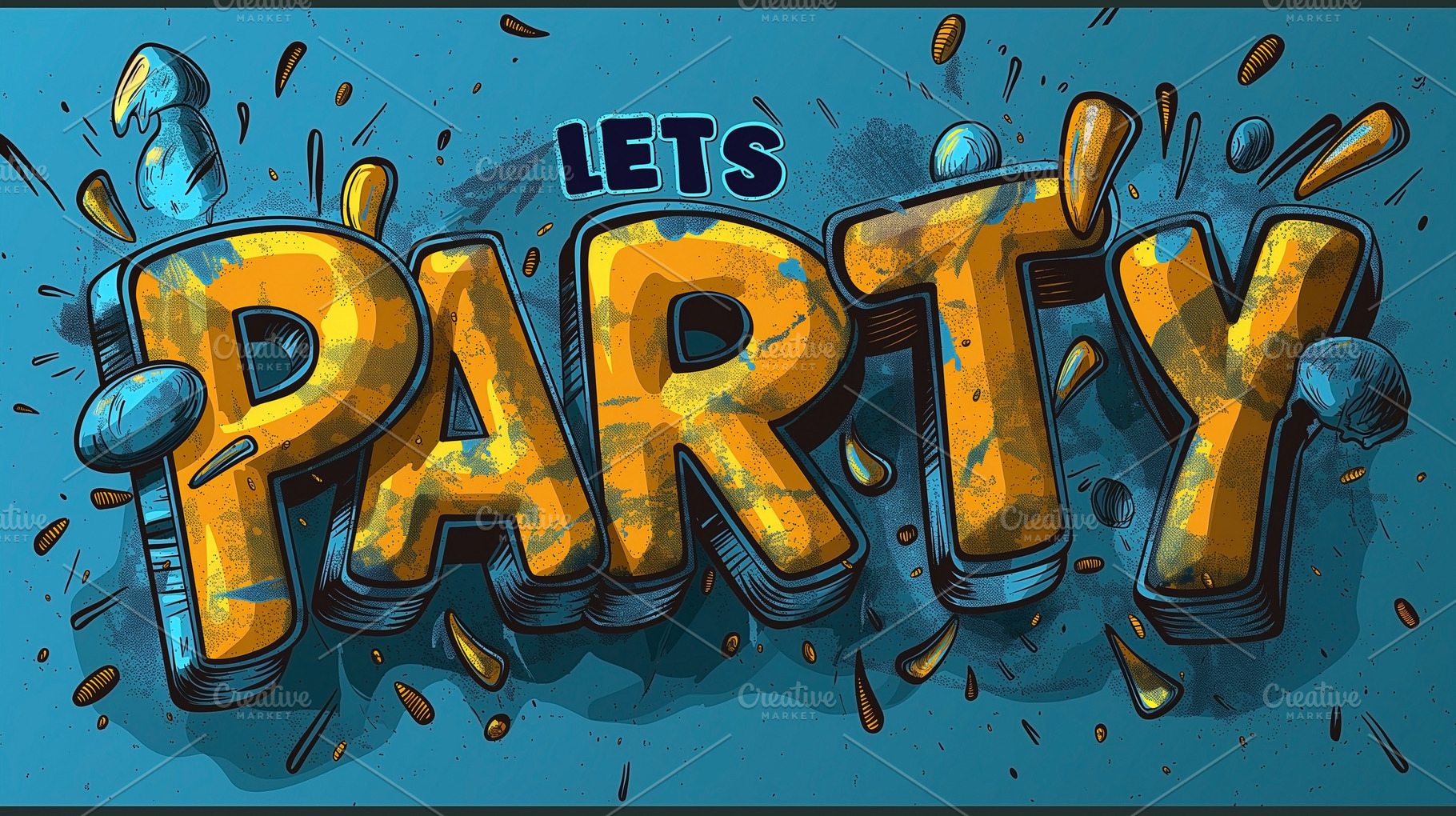 Colorful and bold 'Let's Party' graphic with splashes and playful elements, evo, a Background Photo by ImageMir