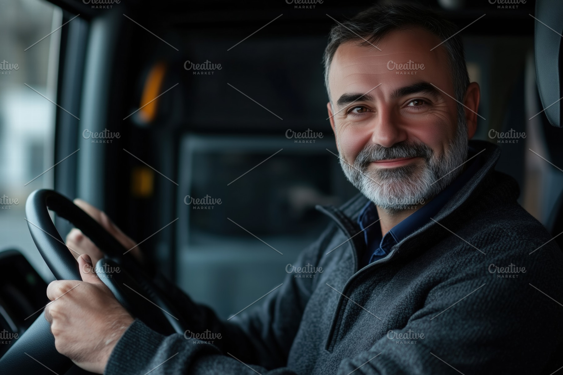 A smiling middle-aged bus driver man with a beard, sitting in the driver's seat, a Person Photo by Textures & Backgrounds