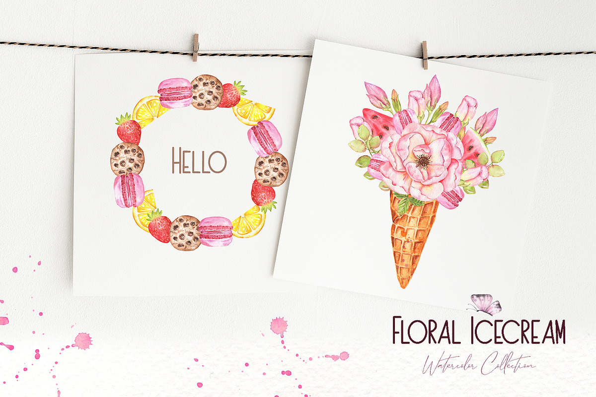 Floral Icecream Watercolor Set, an Illustration by TanataDesign (Photo 3 of 13)