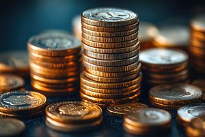 Stacked coins casting fleeting shado, a Photo by Tanuart
