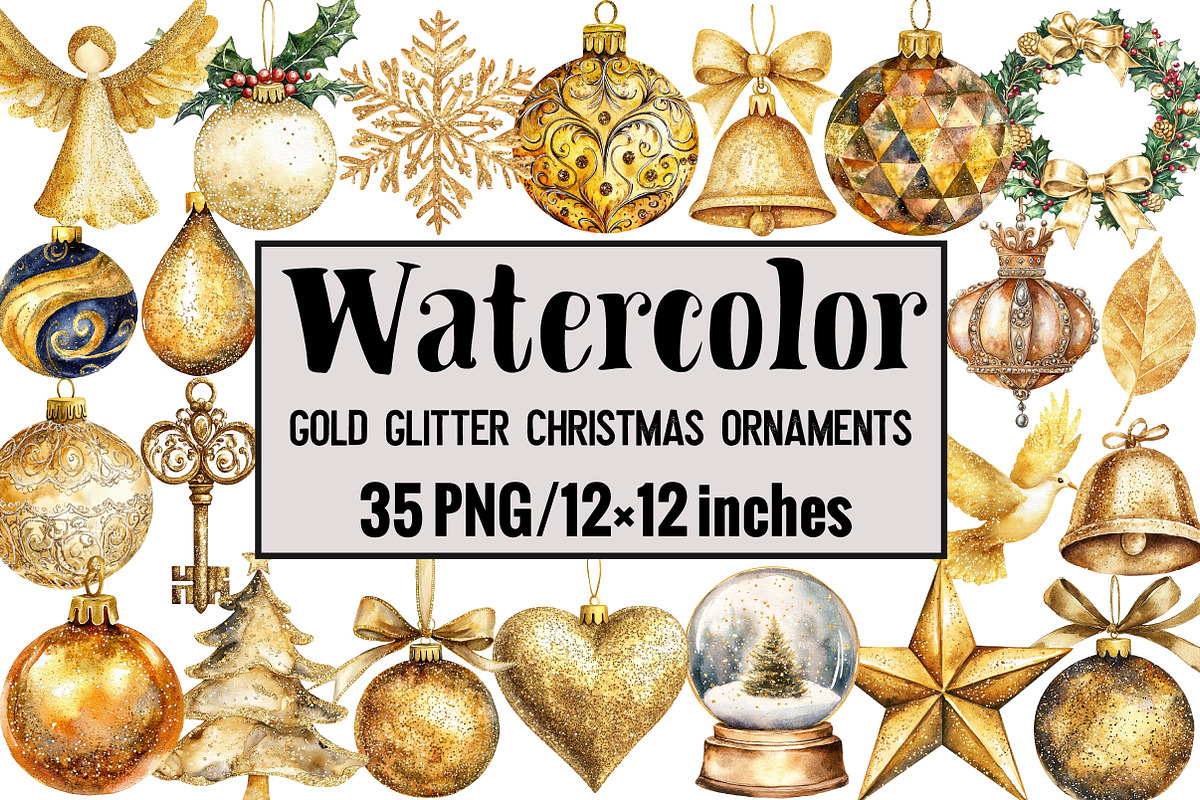 Gold Glitter Christmas Ornaments, an Illustration by Design Market (Photo 1 of 3)