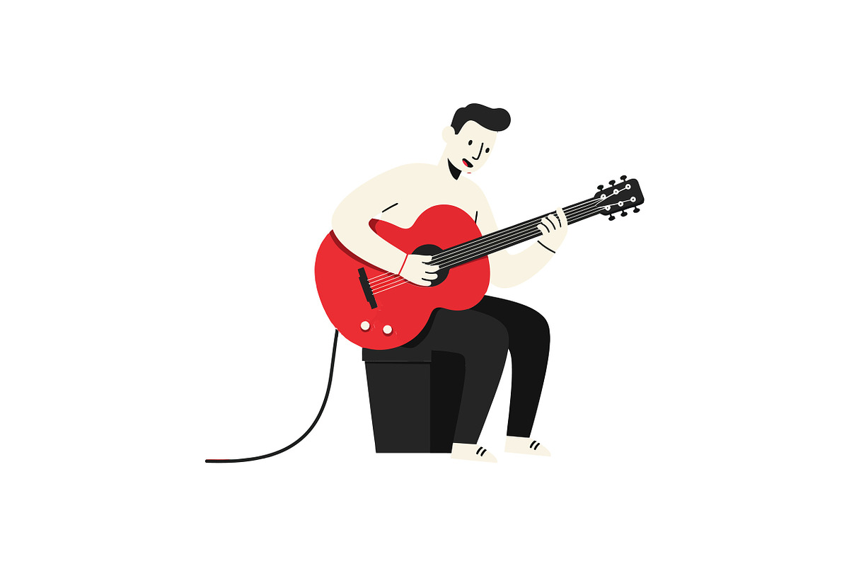 A man playing a red guitar while sit, an Illustration by designvectx