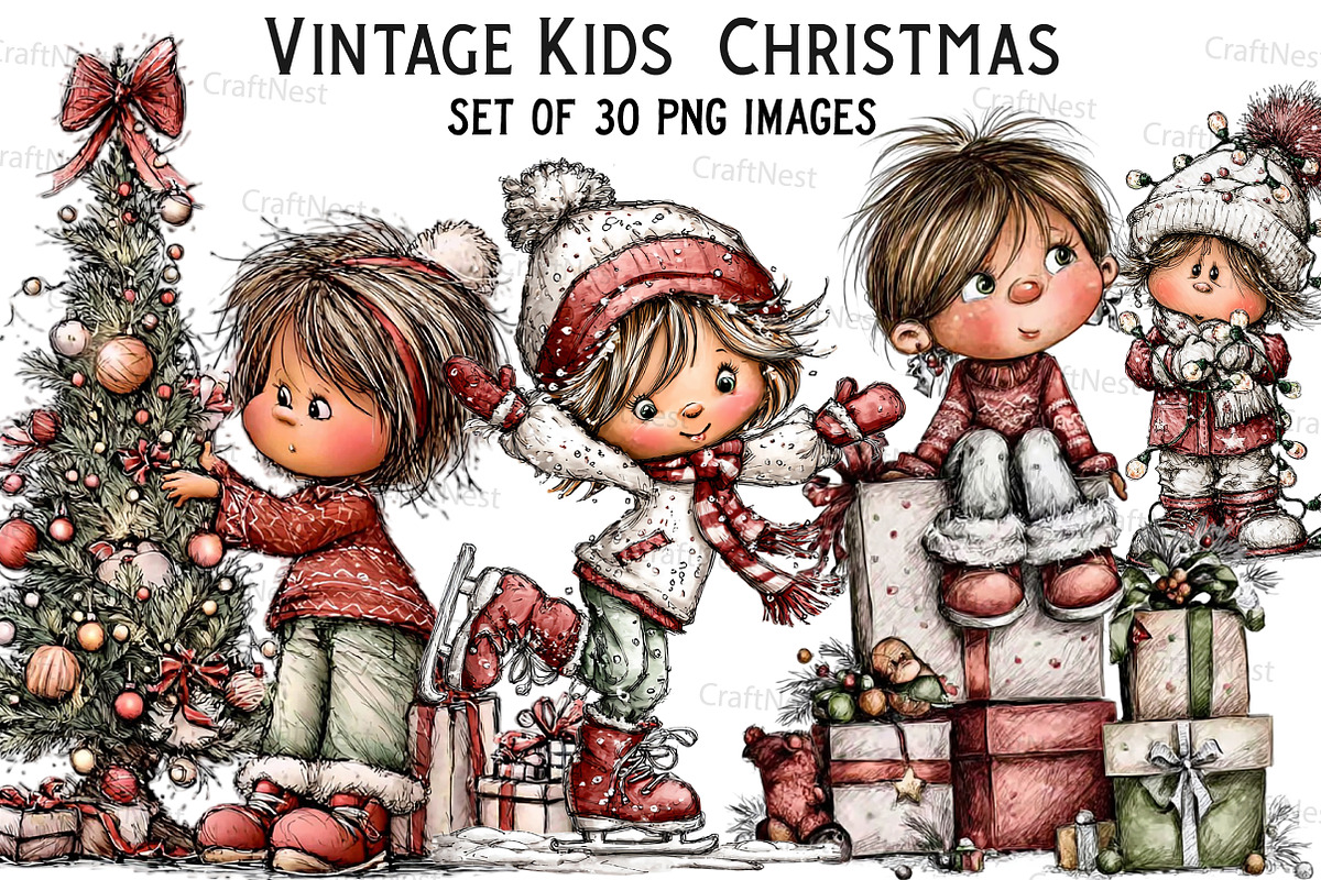 Vintage Kids  Christmas Clipart, an Illustration by Craft Nest (Photo 1 of 7)