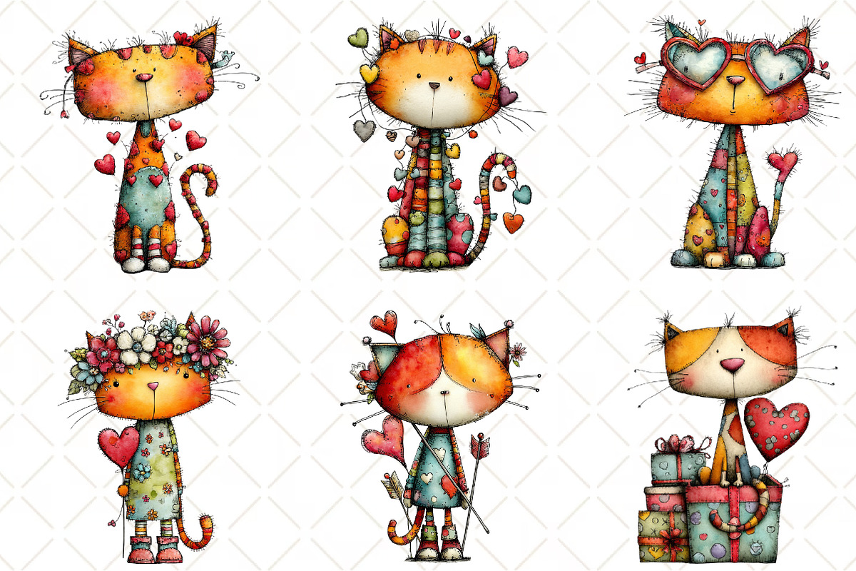 Quirky Valentine Cats Clipart, an Animal Illustration by Black Bird Studio (Photo 4 of 6)