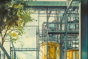 A vibrant, artistic depiction of an industrial facility featuring large yellow, a Technology Illustration by Textures & Backgrounds