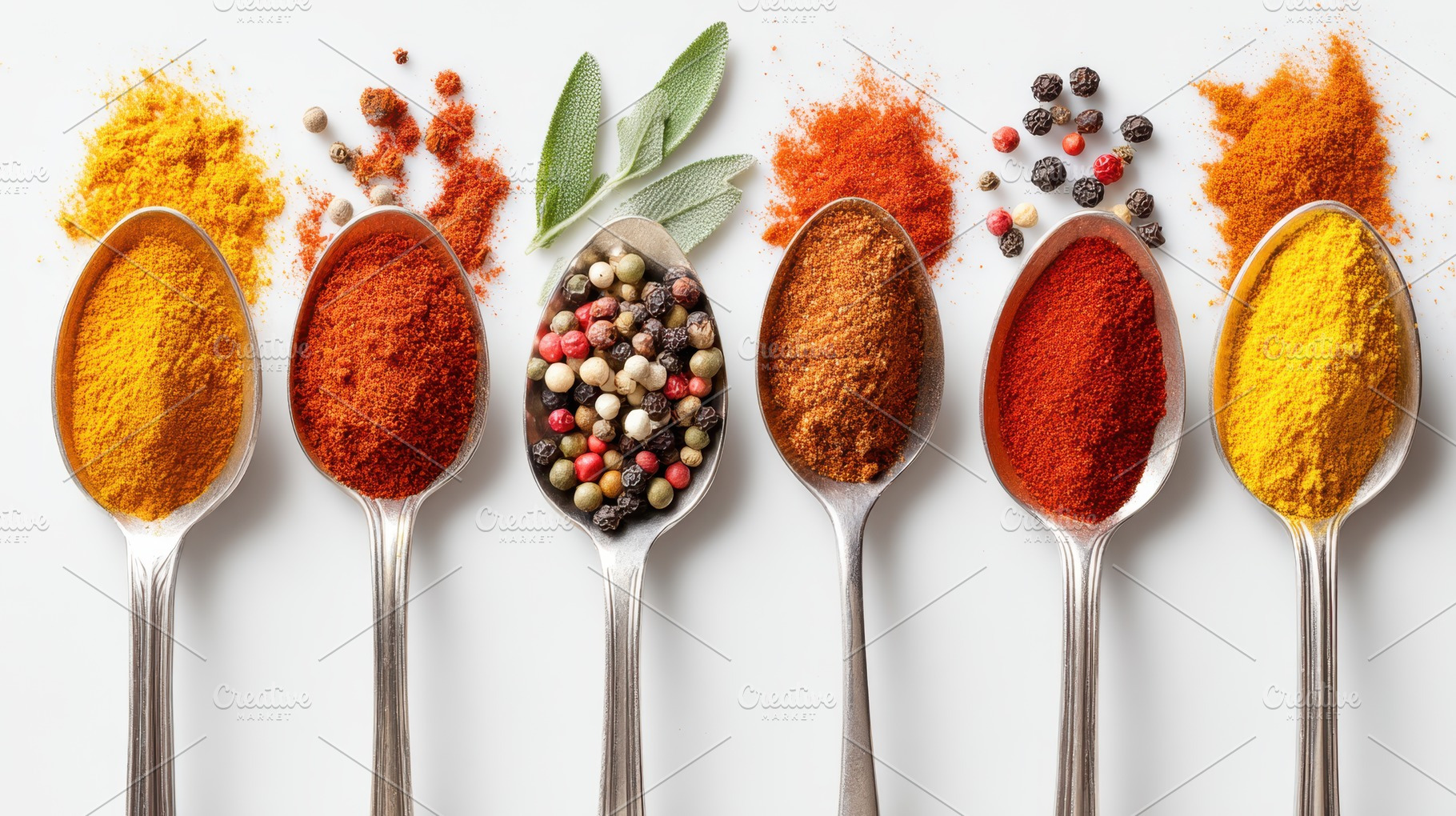 Colorful spices in silver spoons on white background, a Food & Drink Photo by AlyaAnd