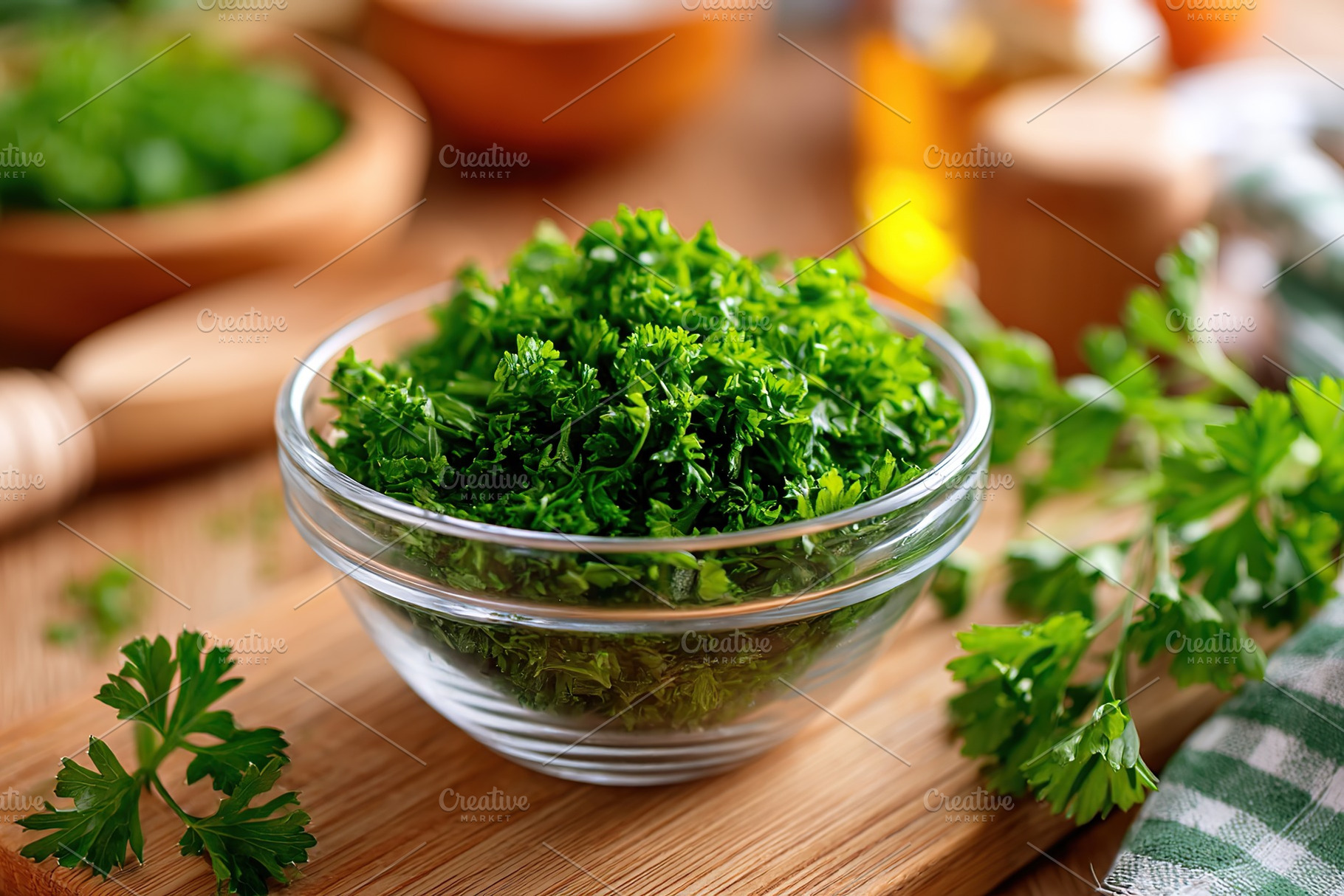 Bowl of freshly chopped herbs ready for meal preparation in home kitchen, a Food & Drink Photo by AlyaAnd