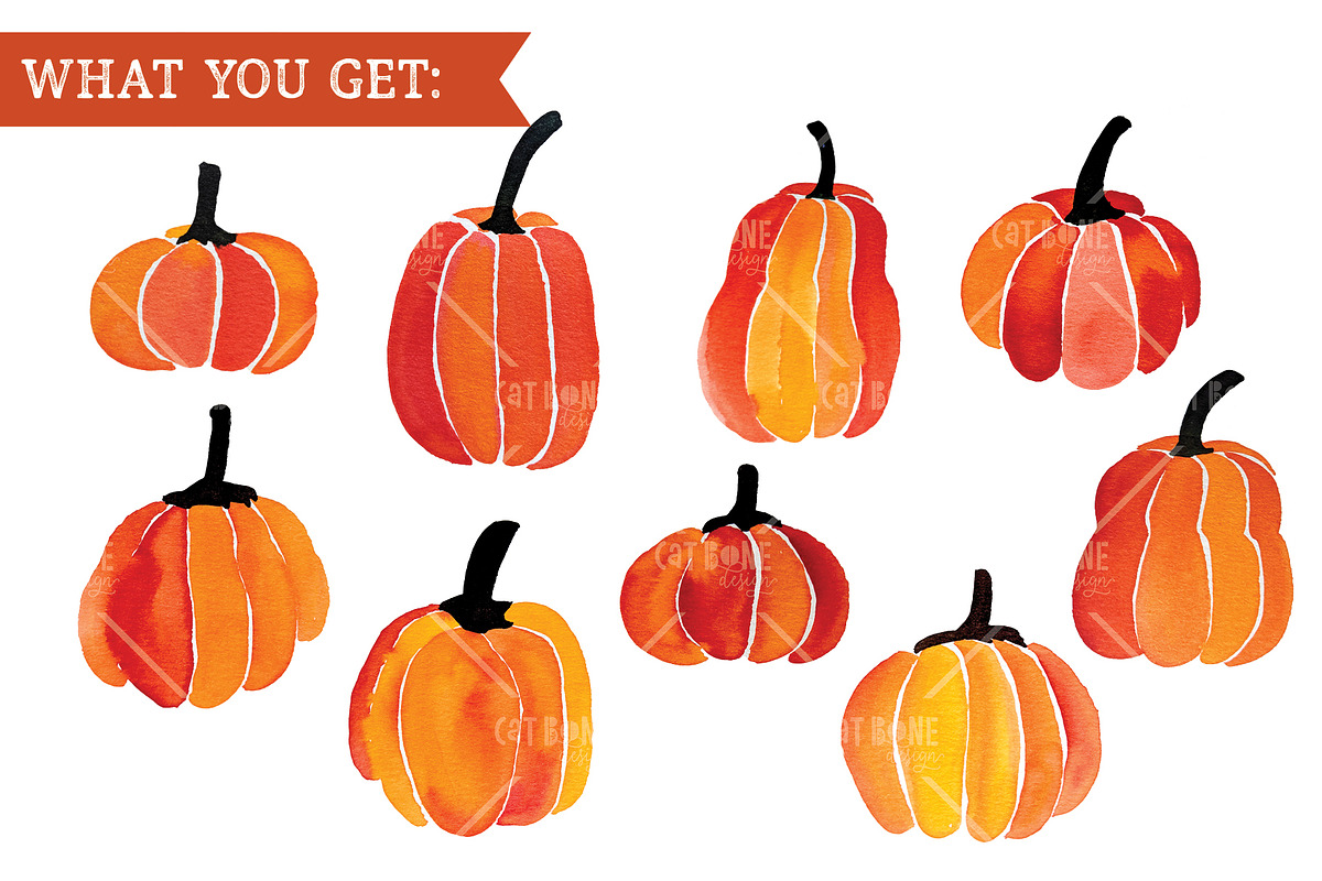 9 Watercolor Pumpkins, an Illustration by CatBoneDesign (Photo 4 of 4)