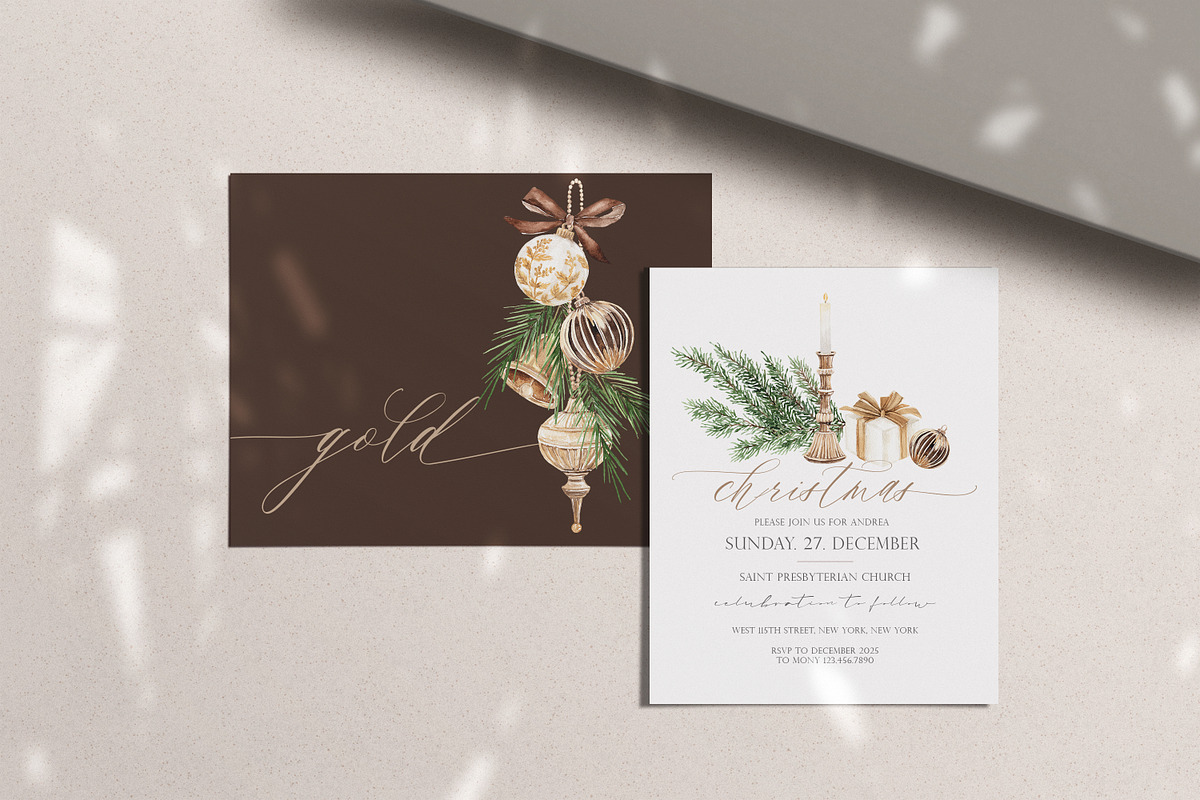 Gold Christmas Watercolor Clipart, a Decorative Illustration by Beigetime (Photo 12 of 18)