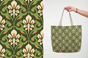 Green Ikat Floral Damask Pattern