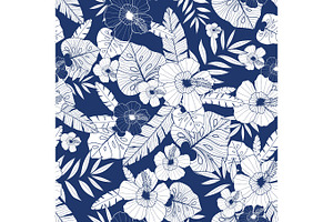 Vector Blue Drawing Tropical Summer Hawaiian Seamless Pattern With Tropical Plants, Leaves, And Hibiscus Flowers. Great For Vacation Themed Fabric, Wa