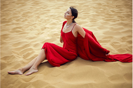 sexy brunette woman in a red long, a Person Photo by SaulichPhoto