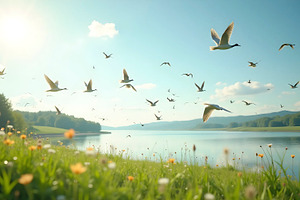 Serene Summer Meadow with Birds Over, a Photo by LOGOCREATIVE