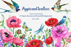Red Poppies, flowers Clipart, Bird,, an Illustration by NickMitrushov