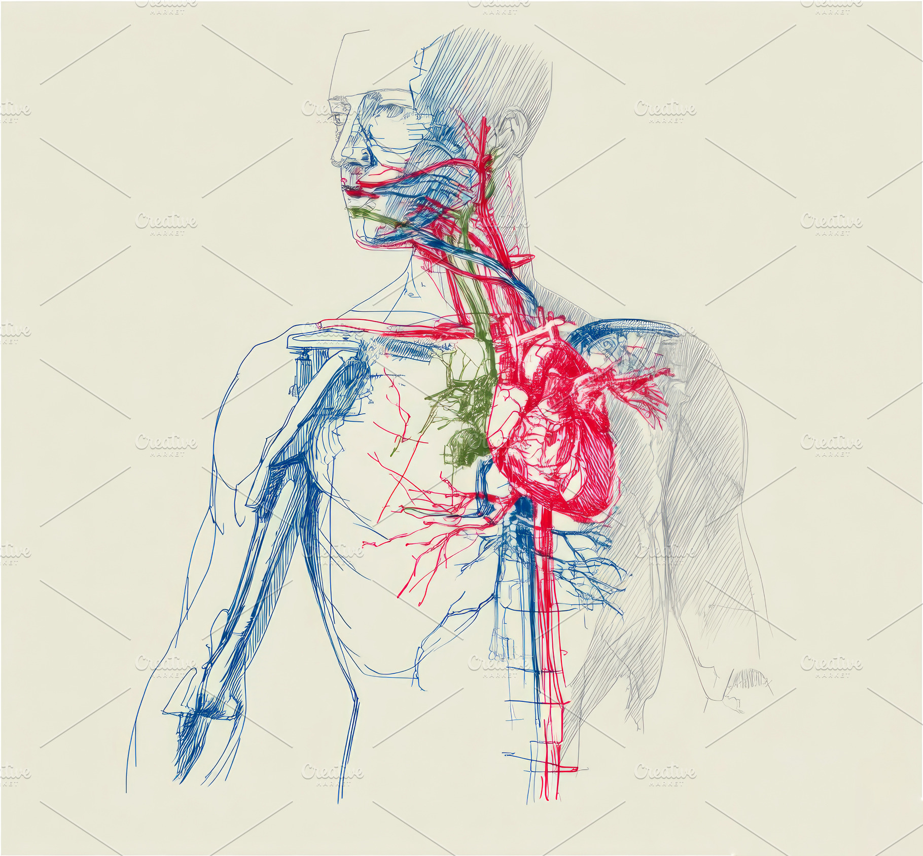 Anatomical sketch of human male upper body showing heart, veins,, a Health & Medical Photo by José Manuel Gelpi