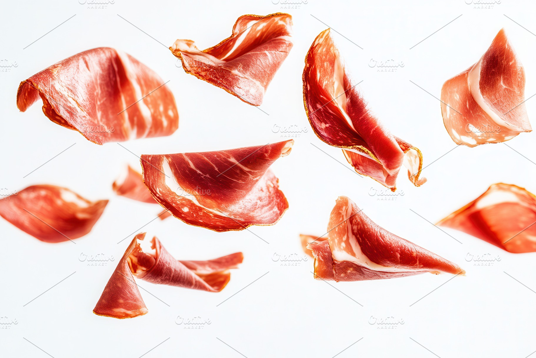 Floating slices of prosciutto ham, a Photo by Pavel_design