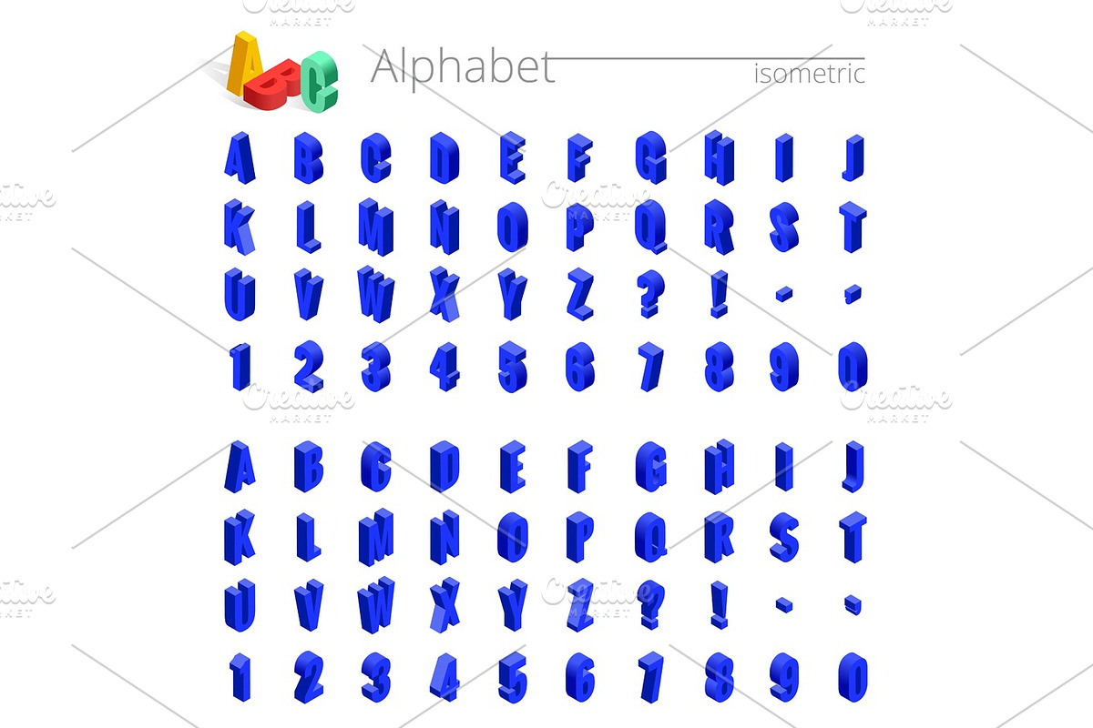 Isometric alphabet vector font. letters, numbers and symbols., an ...