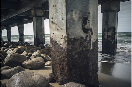 Bridge pillar on beach. Generate ai, an Industrial Photo by Ylivdesign