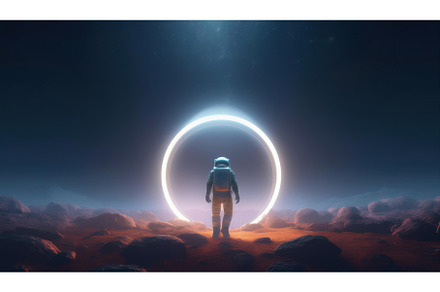 An astronaut stands before a glowing