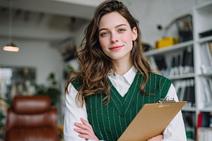 Confident young woman in green vest, a Photo by Pixeness Studio