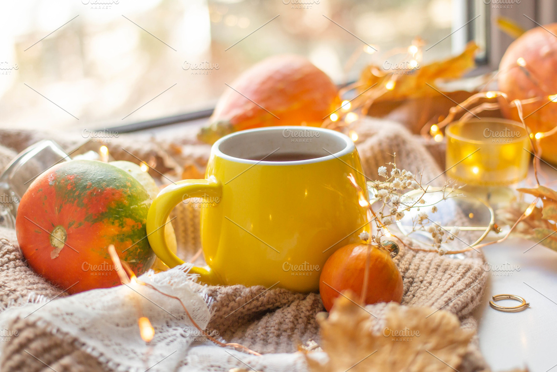 Fall leaves with cup of coffee containing autumn, background, and bokeh, a Food & Drink Photo by Arymer