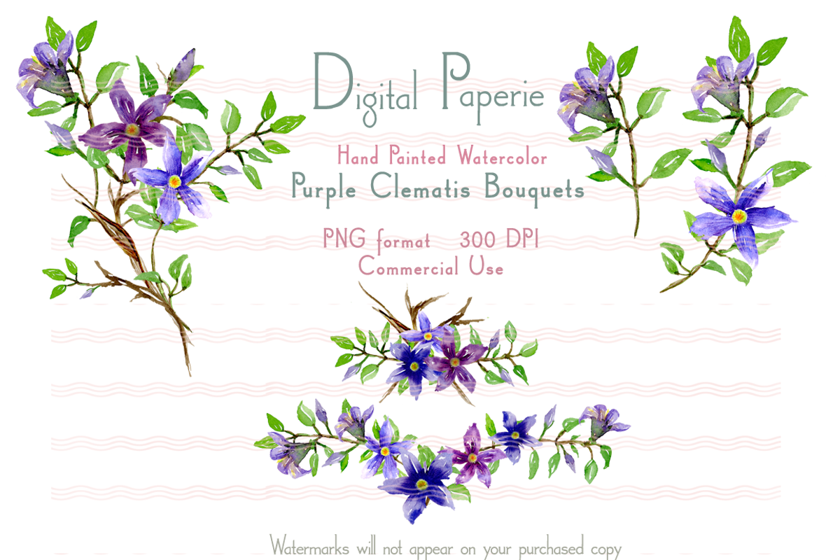 Watercolor Purple Clematis Bouquets, an Illustration by Digital Paperie