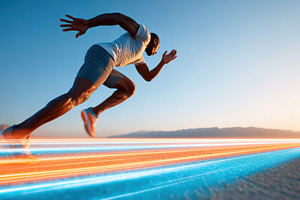 Dynamic runner with glowing light trails at sunset, a Sports & Recreation Photo by AlyaAnd